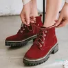 Gorąca sprzedaż - rozmiar 33 do 43 przypadkowi buty Chunky Heel kostka Bootie Fall Winter Lace Up Med Heel Botki Buty Czarny Brązowy Burgundia