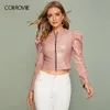 COLROVIE الوردي زمم الساق من لحم الضأن، كم PU سترة جلدية المرأة 2020 الربيع ساحرة المحاصيل معاطف وجاكيتات عارضة ملابس خارجية CX200725