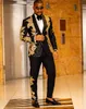 2 Stuks Bruidegom Tuxedos Man Bruidsjonkers Pakken Mode Zakelijke Mannen Pakken Zwart met Goud Blazer Shawl Revers 217 K