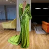 Arabic Sexy Green Reflective Mermaid Prom Dresses Deep V Neck Poet Long Sleeves Evening Gown Lace Appliqued Formal Party Dress ogstuff