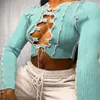 Patchwork Lace Up Manga Longa Crop Tops Mulheres Ribbed Party Party Knitwear T-shirt Hollow Out Bodycon Club Tie Top