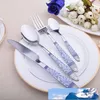 4PCS Seti Çin Mavi ve Beyaz bulaşığı Seramik Çiçek Kalite Gümüş Çatal Bıçak Çatal Gıda Paslanmaz Çelik Yemeği