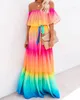 Kobiety Rainbow Slash Neck Sukienka Tie Dye Krótki Rękaw Cupcake Sukienka Famale Waist Down Odzież