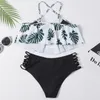 Volants Palm Leaf Femmes Imprimer Flounce Haut de bikini taille haute Bas 2 pièces Cutout Ensemble bikini maillot de bain - S / M / L