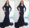 Fashion Navy Blue Mother Of The Bride Groom Dresses Mermaid Long Illusion Lace Sleeves 2020 Plus Size Cheap Formal Evening Gowns New B96