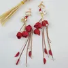 Mode Röd Blomma Örhängen Crystal Tassel Dangle Örhängen Bröllop Brud Faux Pearl Rose Ear Drop Charm Earring Tillbehör Gåvor