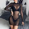 Mujeres Sexy Ver a través del traje de baño Manga larga Malla Sheer Bikini Cubrir Vestido de playa Verano Clubwear Fiesta Traje de baño