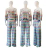 Novas roupas femininas dois conjuntos de peças gradiente V-neck estilingue camisa tie-dye africanos calças roupas 2 pedaço roupa com babados mulheres roupas de grife