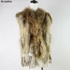 womens natural real rabbit fur vest with raccoon fur collar waistcoatjackets rex rabbit knitted winte T200507