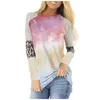 Höst 2020 Ny Tie Dye T-shirts Kvinnor O Neck Långärmad Leopard Striped T-shirt Kvinnor Gradient Kontrast Topp Tees Streetwear M2391