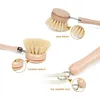 Natural Wooden Long Handle Pan Pot Brush Dish Bowl Washing Cleaning Brush & Replacement Brush Heads Household Kitchen Cleaning Tools