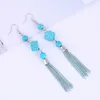 10 Pairs Silver Plated Dangle Earrings Layer Round and Square Green Turquoise Stone for Women with Tassels Jewelry