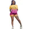 Womens Sexy 2 Piece Outfits Gradient Lip Print Short Sleeve T Shirt Bodycon Shorts Set Jumpsuit Rompers Size (S, M, L, XL, XXL)