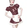 Plus Size Vintage Krótki Rękaw Lolita Dress Retro Halloween Cosplay Party Maid Kostium Wetlook Plisowany Mini Sukienka z fartuchem
