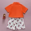 Kläder sätter mode barn passar pojkar kläder sommar pojke set orange skjorta flamingo tryck shorts för barn4483221