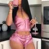Kvinnor Spaghetti Strap Silk Lace V Nacke Nattkläder Set Bow Summer Femms Crop Tops Pajamas Set Lady Drawstring Sexy Sleepwear 2020