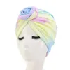 Muslim Dyeing Flower Cap Comfortable 4Colors Cotton Multifunctional Turban Flower Blend Tie-Dye Flower party hats KKA7989