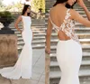 2021 New Mermad Bridal Bröllopsklänningar Soft Satin Lace Appliques Bröllopsfestklänning Vintage Open Back Court Train Princess Dress