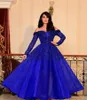 Sparkly Royal Blue Prom Dresses Pailletten Uit Schouder Lange Mouwen Illusion Avondjurken Formele Pageant Feestjurk Vestidos de Novia