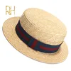 RH Natural Trigo Paja Boater Fedora Top Sombrero plano Mujer Verano Playa Gorra de ala plana con cinta Bowknot para fiesta Y2006197229234