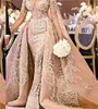 Роскошные длинные рукава Русалка Свадебные платья со съемными поезд High Neck Overskirt Свадебные платья Вышитые кружева из бисера высокого качества