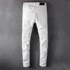 Buracos de cristal branco dos homens rasgados jeans moda magro strass estiramento calças jeans buraco remendo apertado magro jeans1212o