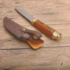 New Outdoor Survival Straight Hunting Knife Damascus Steel Drop Point Blade Color Wood + Steel Head Handle