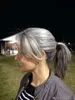 Kort hög rakgrå mänsklig hår hästsvans hårstycke kvinnor silver grå salt och peppar silver hår förlängning naturliga höjdpunkter 100g 120g