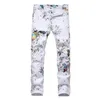 Mens Jeans Dragon Printed White Fashion Slim Fit Colored Painted Stretch Pencil Pants Long