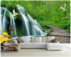 Aangepaste foto wallpapers voor muren 3d muurschildering pastorale landschap bos boom waterval houten brug 3D woonkamer tv achtergrond wanddecoratie