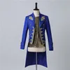 Mäns Mode Jacquard Jacka England Style Vintage Court Prince Lång Broderad Tailcoat Male Singer Stage Performance Coat Blue Slim Fit Tuxedo