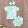 Newborn Baby Girls 3-piece Outfit Set Short Sleeve Tie-dye Print Top+Shorts+Headband Set Children Summer Clothing