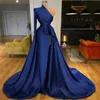 Royal Blue Satin Prom Dresses One Shoulder Long Sleeve High Side Split Evening Gowns Sweep Train Arabic Formal robe de soiree