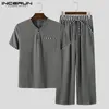 INCERUN Patchwork Men's Sets Homewear Short Sleeve V Neck T Shirt Pants Bodybuilding Workout Men Suit Casual Pajamas Sets S-5220S