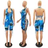 Mulheres Jumpsuit Tie Dye imprimir lado Lace Up Lady Casual Playsuit Sexy mangas Halter Backless Shorts Macacões Treino Romper