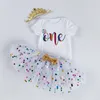 Ins baby tutu dot rok + brief print romper + kroon hoofdband 3 stks / set meisjes verjaardag fotografie jurk kinderen prinses feestje Clothem M2449