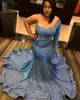 Blue One Shoulder Mermaid Prom Dresses Cekiny Z Długim Rękawem Suknie Wieczorowe Party Formalna Suknia Vestido De Festa
