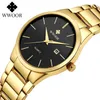 Relojes Hombre 2020 Wwoor Gold Watch Män Luxury Mens Quartz Armbandsur Business Watch Rostfritt Stål Vattentät Auto Datum Klocka CX200804
