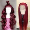 Ishow 14-40INCH 99J BURGUNDY HD Genomskinlig spetsfront peruk Human Hair Wigs 13x4 13x6 5x5 4x4 350 # Rikt lockigt vatten Lös djupt kropps huvudband Wig Bangs för kvinnor