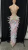 Models Catwalk Dresses Colorful Crystal Sequins Pearls Feather Slit Long Dress Sexy Stage Wear Prom Birthday Celebrate Singer Dancer Costume