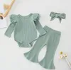 Baby Girl Clothes Toddler Solid Romper Flare Pants Headband 3pcs Sets Cotton Long Sleeve Girls Outfits Boutique Baby Clothing LSK645-1