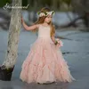 Abiti da ragazza Fata Pink Flower Girl Boho 3D Increspato Smerlato Ragazze Comunione A-line Chiffon Pageant1