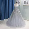 Glittery Gray Sequins Crystal prom dresses quinceanera A-line Strapless Lace-up Princess Two Layers Overskirt Tulle Sweet 15 Dress Pageant