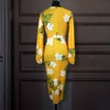 Żółta sukienka nadrukowana V Białe kwiat Latarn -Lantern Bodycon Bodycon High talia Kobiety Vestidos African Ladie