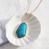 Moda Azul Turquesa Natural de pedra pingente colar de ouro longos colares de corrente para as mulheres jóias banhado