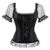 Floral Overbust Corset Vest Bustier Corset Tops för kvinnor med ärmar Lace Up Brocade Shoulder Strap Corselet Plus Size Sexy330n