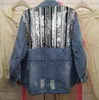 Sequined Denim Jacket Autumn Female Wear Loose Heavy Sequins Retro Pull Rope Worn Jeans Outwear