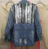 Sequined Denim Jacket Autumn Female Wear Loose Heavy Sequins Retro Pull Rope Worn Jeans Outwear