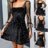 Casual Jurken Dames Sexy Jurk LBD Sheer Mouw Designer Retro Elegant Slank Zwart Mesh Bronzing One Stuk Lente en Zomer Kleding