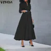 Günlük Elbiseler Gevşek Uzun Kollu Gömlek Elbise 2021 Vonda Moda Bayan Vintage Düz Renk Ofis Seksi Bölünmüş Parti Vestidos 5XL
